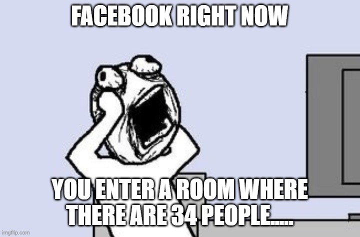 Will these ever stop??? | FACEBOOK RIGHT NOW; YOU ENTER A ROOM WHERE THERE ARE 34 PEOPLE..... | image tagged in going crazy | made w/ Imgflip meme maker