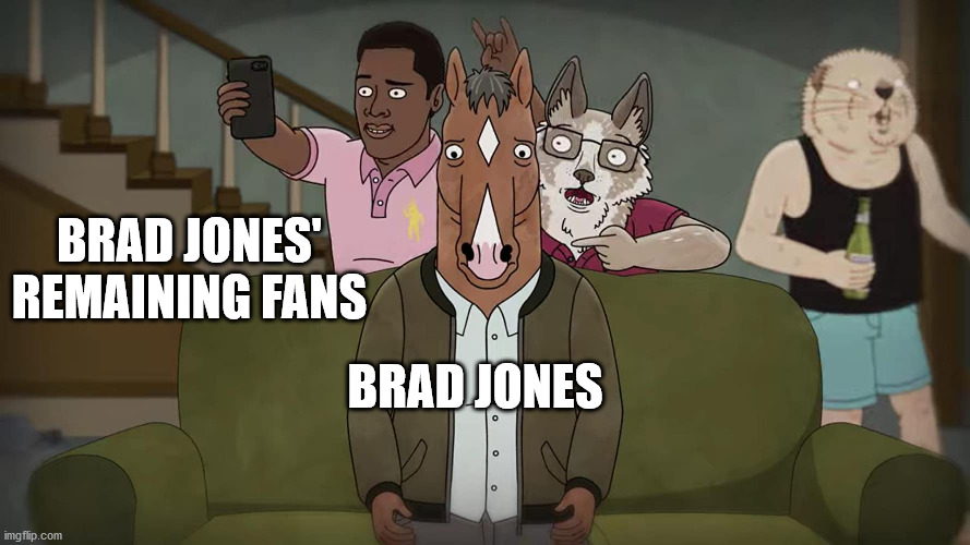 Disgraced Celebrity's Remaining Fans | BRAD JONES' REMAINING FANS; BRAD JONES | image tagged in disgracedcelebirty,bojackhorseman | made w/ Imgflip meme maker