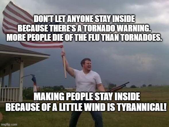 It goes against the constitution. | DON'T LET ANYONE STAY INSIDE BECAUSE THERE'S A TORNADO WARNING. MORE PEOPLE DIE OF THE FLU THAN TORNADOES. MAKING PEOPLE STAY INSIDE BECAUSE OF A LITTLE WIND IS TYRANNICAL! | image tagged in gun loving conservative,stupid conservatives | made w/ Imgflip meme maker