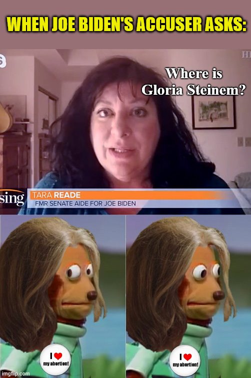 Hey Gloria Steinem, Tara Reade has a question | WHEN JOE BIDEN'S ACCUSER ASKS:; Where is Gloria Steinem? | image tagged in tara reade asks,joe biden accuser,gloria steinem,feminist hypocrisy,metoo,monkey looking away | made w/ Imgflip meme maker