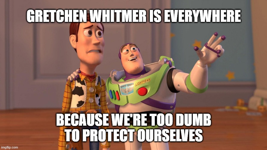 Gretchen Whitmer is Everywhere | GRETCHEN WHITMER IS EVERYWHERE; BECAUSE WE'RE TOO DUMB
TO PROTECT OURSELVES | image tagged in woody and buzz lightyear everywhere widescreen,gretchen whitmer,michigan,covid-19,lockdown,protests | made w/ Imgflip meme maker