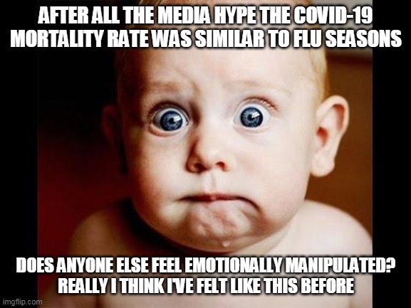 Corona Covid | AFTER ALL THE MEDIA HYPE THE COVID-19 MORTALITY RATE WAS SIMILAR TO FLU SEASONS; DOES ANYONE ELSE FEEL EMOTIONALLY MANIPULATED? REALLY I THINK I'VE FELT LIKE THIS BEFORE | image tagged in flu | made w/ Imgflip meme maker