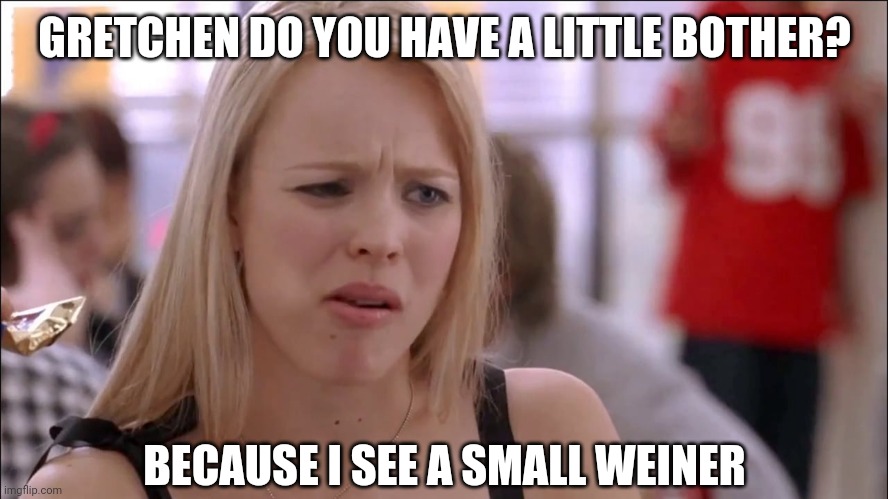 3 of 3 | GRETCHEN DO YOU HAVE A LITTLE BOTHER? BECAUSE I SEE A SMALL WEINER | image tagged in mean girls fetch | made w/ Imgflip meme maker