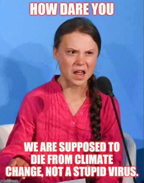 Greta Thunberg how dare you | HOW DARE YOU; WE ARE SUPPOSED TO DIE FROM CLIMATE CHANGE, NOT A STUPID VIRUS. | image tagged in greta thunberg how dare you | made w/ Imgflip meme maker