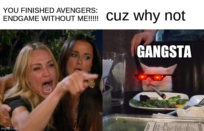 Gangta Cat | YOU FINISHED AVENGERS: ENDGAME WITHOUT ME!!!!! cuz why not; GANGSTA | image tagged in memes,woman yelling at cat | made w/ Imgflip meme maker