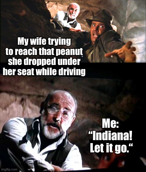 Road Food | My wife trying to reach that peanut she dropped under her seat while driving; Me:  “Indiana!  Let it go.“ | image tagged in road trip,indiana jones,munchies | made w/ Imgflip meme maker