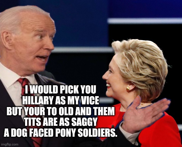 Joe Biden Likes Em Young And Firm | I WOULD PICK YOU HILLARY AS MY VICE BUT YOUR TO OLD AND THEM TITS ARE AS SAGGY A DOG FACED PONY SOLDIERS. | image tagged in joe biden,dementia,hillary clinton,political meme,2020 elections,election 2020 | made w/ Imgflip meme maker