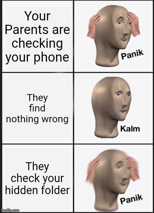 Panik Kalm Panik | Your Parents are checking your phone; They find nothing wrong; They check your hidden folder | image tagged in memes,panik kalm panik | made w/ Imgflip meme maker