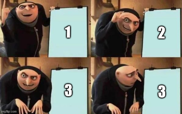 Gru's Plan Meme | 1; 2; 3; 3 | image tagged in gru's plan | made w/ Imgflip meme maker
