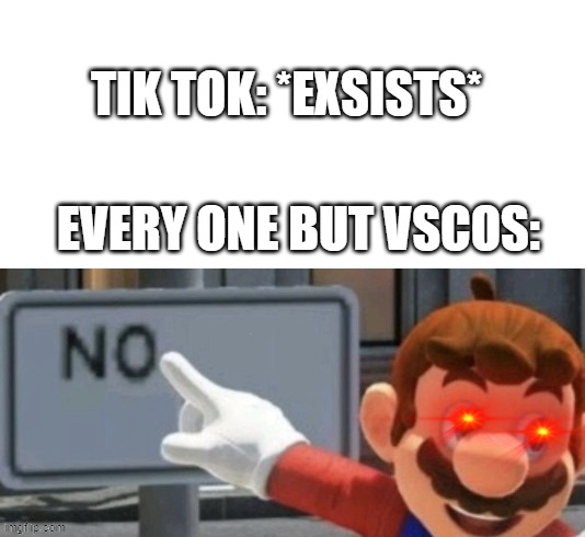 tim to die tik tok | TIK TOK: *EXSISTS*; EVERY ONE BUT VSCOS: | image tagged in mario no sign | made w/ Imgflip meme maker