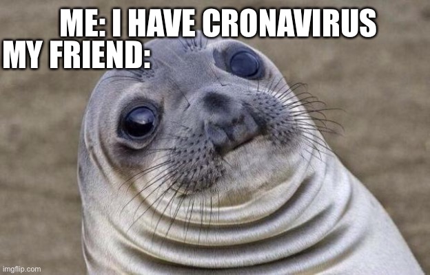Legit right now | MY FRIEND:; ME: I HAVE CRONAVIRUS | image tagged in memes,awkward moment sealion | made w/ Imgflip meme maker