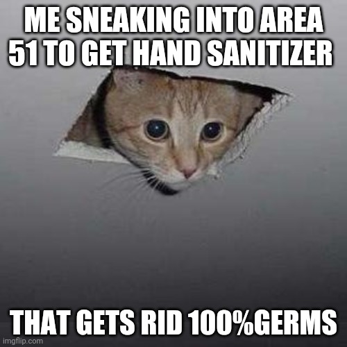 Ceiling Cat | ME SNEAKING INTO AREA 51 TO GET HAND SANITIZER; THAT GETS RID 100%GERMS | image tagged in memes,ceiling cat | made w/ Imgflip meme maker