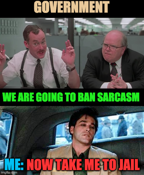 If They Tried To Outlaw Sarcasm, I'd Spend The Rest Of My Life In Jail | GOVERNMENT; WE ARE GOING TO BAN SARCASM; ME:; NOW TAKE ME TO JAIL | image tagged in purely hypothetical,sarcasm,sarcastic,potentially,ray liotta | made w/ Imgflip meme maker