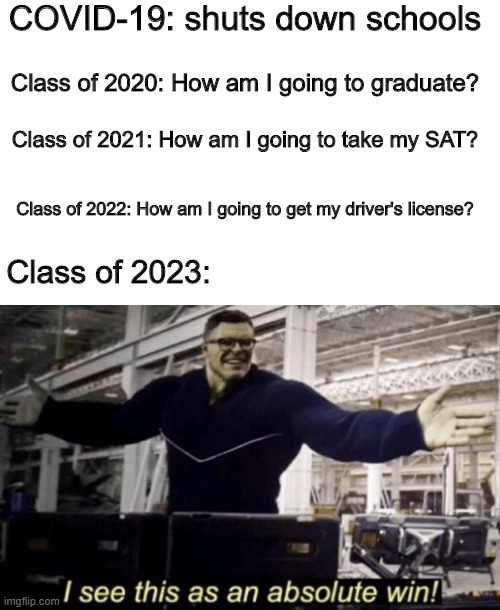 Once again, Class of 2023 takes the lead, since we are the least impacted by the school closures! | COVID-19: shuts down schools; Class of 2020: How am I going to graduate? Class of 2021: How am I going to take my SAT? Class of 2022: How am I going to get my driver's license? Class of 2023: | image tagged in i see this as an absolute win,coronavirus,high school | made w/ Imgflip meme maker