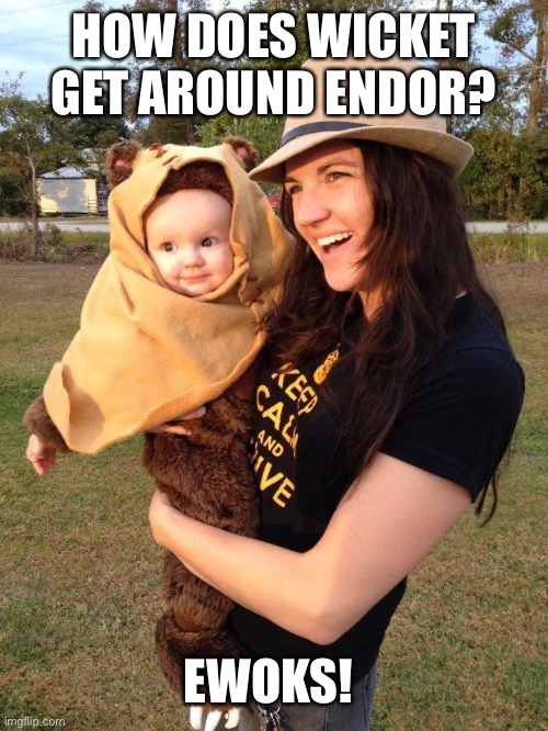 May the 4th be with you | HOW DOES WICKET GET AROUND ENDOR? EWOKS! | image tagged in star wars | made w/ Imgflip meme maker