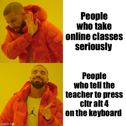 Drake my man | People who take online classes seriously; People who tell the teacher to press cltr alt 4 on the keyboard | image tagged in memes,drake hotline bling | made w/ Imgflip meme maker