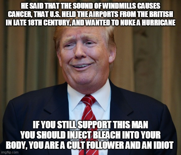 Trump supporters - they are that intelligent | HE SAID THAT THE SOUND OF WINDMILLS CAUSES CANCER, THAT U.S. HELD THE AIRPORTS FROM THE BRITISH IN LATE 18TH CENTURY, AND WANTED TO NUKE A HURRICANE; IF YOU STILL SUPPORT THIS MAN YOU SHOULD INJECT BLEACH INTO YOUR BODY, YOU ARE A CULT FOLLOWER AND AN IDIOT | image tagged in donald trump,republicans,trump supporters | made w/ Imgflip meme maker