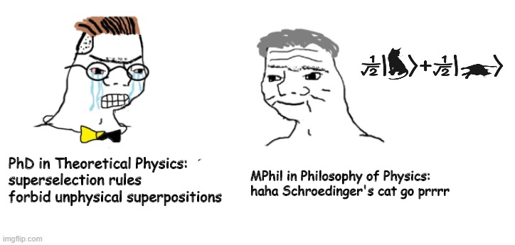 Schroedinger's cat go prrr | MPhil in Philosophy of Physics:
haha Schroedinger's cat go prrrr; PhD in Theoretical Physics:
superselection rules forbid unphysical superpositions | image tagged in schroedinger's cat,quantum physics,philosophy | made w/ Imgflip meme maker