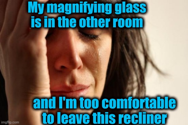 First World Problems Meme | My magnifying glass is in the other room and I'm too comfortable to leave this recliner | image tagged in memes,first world problems | made w/ Imgflip meme maker