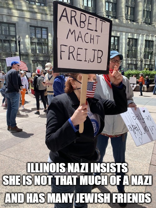Illinois Nazi gonna Nazi | ILLINOIS NAZI INSISTS SHE IS NOT THAT MUCH OF A NAZI; AND HAS MANY JEWISH FRIENDS | image tagged in neo-nazis,illinois | made w/ Imgflip meme maker