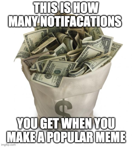 Similar? | THIS IS HOW MANY NOTIFACATIONS; YOU GET WHEN YOU MAKE A POPULAR MEME | image tagged in bag of money | made w/ Imgflip meme maker