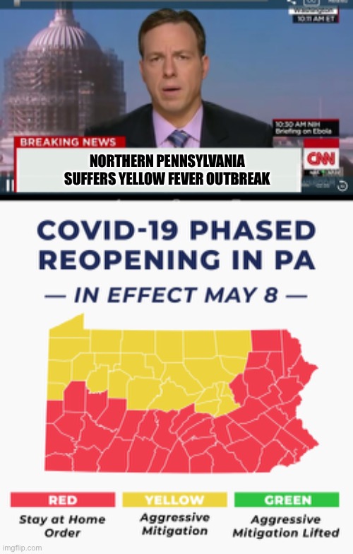 Yellow Journalism | NORTHERN PENNSYLVANIA SUFFERS YELLOW FEVER OUTBREAK | image tagged in fake news,pennsylvania,opening,yellow,wolf | made w/ Imgflip meme maker