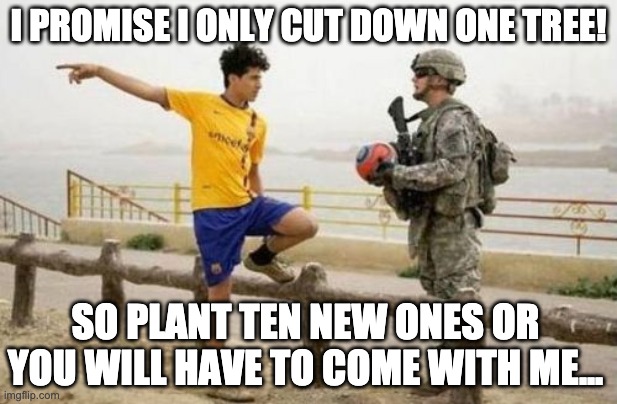Tree Arrest |  I PROMISE I ONLY CUT DOWN ONE TREE! SO PLANT TEN NEW ONES OR YOU WILL HAVE TO COME WITH ME... | image tagged in memes,fifa e call of duty,trees,arrest,plant | made w/ Imgflip meme maker