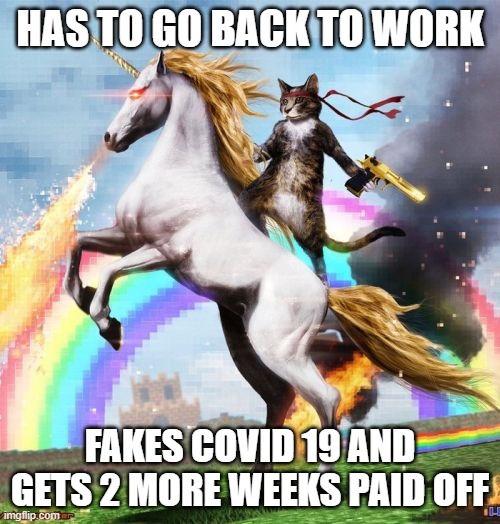 Cat of Justice | HAS TO GO BACK TO WORK; FAKES COVID 19 AND GETS 2 MORE WEEKS PAID OFF | image tagged in memes,welcome to the internets | made w/ Imgflip meme maker