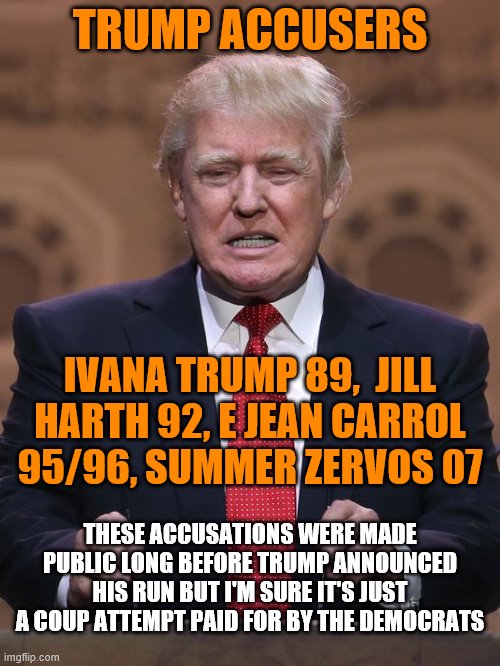 Donald Trump | TRUMP ACCUSERS; IVANA TRUMP 89,  JILL HARTH 92, E JEAN CARROL 95/96, SUMMER ZERVOS 07; THESE ACCUSATIONS WERE MADE PUBLIC LONG BEFORE TRUMP ANNOUNCED HIS RUN BUT I'M SURE IT'S JUST A COUP ATTEMPT PAID FOR BY THE DEMOCRATS | image tagged in donald trump | made w/ Imgflip meme maker