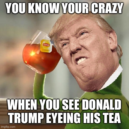Tea inspection | YOU KNOW YOUR CRAZY; WHEN YOU SEE DONALD TRUMP EYEING HIS TEA | image tagged in kermit the frog | made w/ Imgflip meme maker