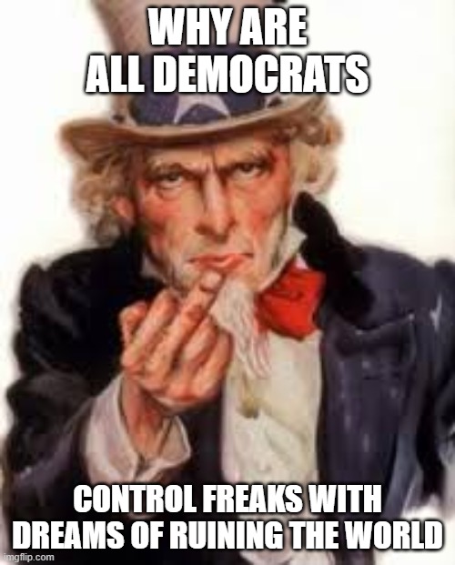 Uncle Sam Government Freedom | WHY ARE ALL DEMOCRATS; CONTROL FREAKS WITH DREAMS OF RUINING THE WORLD | image tagged in uncle sam government freedom | made w/ Imgflip meme maker