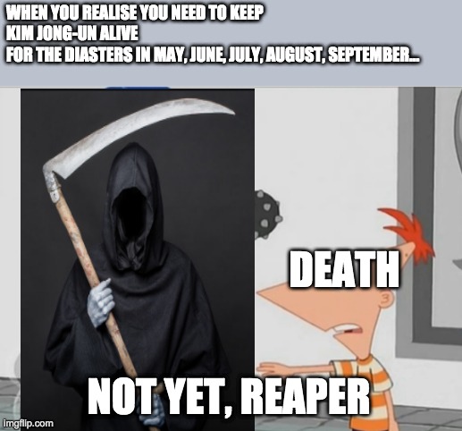 This is why he survives | WHEN YOU REALISE YOU NEED TO KEEP KIM JONG-UN ALIVE 
FOR THE DIASTERS IN MAY, JUNE, JULY, AUGUST, SEPTEMBER... DEATH; NOT YET, REAPER | image tagged in not yet ferb,kim jong un | made w/ Imgflip meme maker