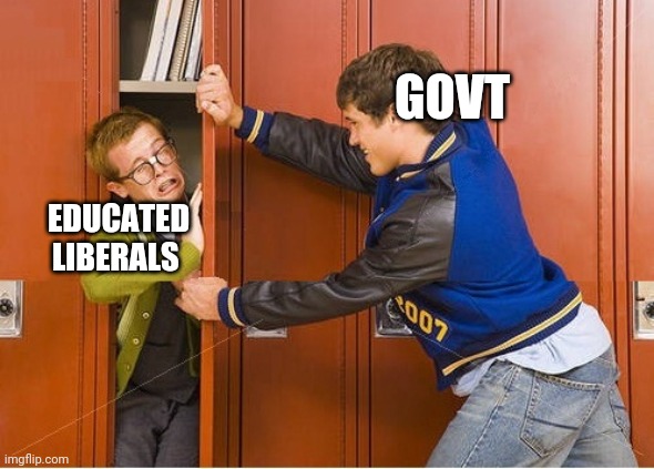 bully shoving nerd into locker | GOVT; EDUCATED LIBERALS | image tagged in bully shoving nerd into locker | made w/ Imgflip meme maker