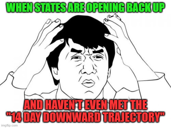 Jackie Chan WTF Meme | WHEN STATES ARE OPENING BACK UP AND HAVEN'T EVEN MET THE "14 DAY DOWNWARD TRAJECTORY" | image tagged in memes,jackie chan wtf | made w/ Imgflip meme maker