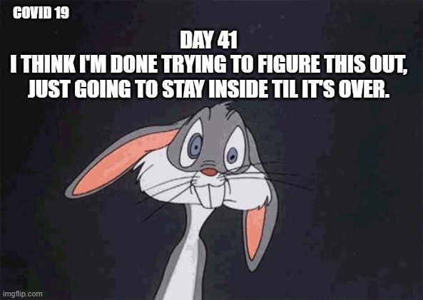 bugs bunny | COVID 19; DAY 41
I THINK I'M DONE TRYING TO FIGURE THIS OUT,
JUST GOING TO STAY INSIDE TIL IT'S OVER. | image tagged in bugs bunny crazy face | made w/ Imgflip meme maker