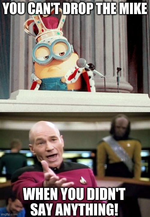 YOU CAN'T DROP THE MIKE WHEN YOU DIDN'T SAY ANYTHING! | image tagged in memes,picard wtf,awesome mike drop | made w/ Imgflip meme maker