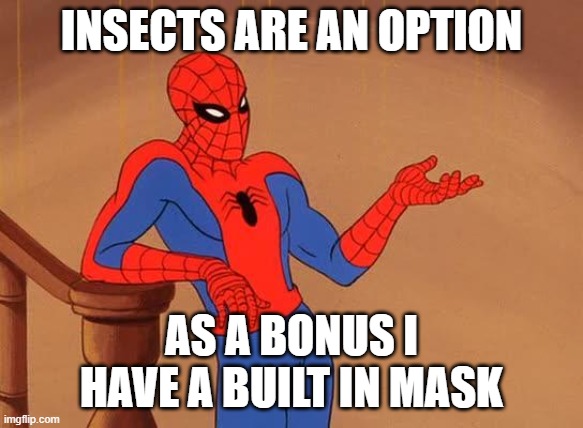 You know why I'm here Spiderman  | INSECTS ARE AN OPTION AS A BONUS I HAVE A BUILT IN MASK | image tagged in you know why i'm here spiderman | made w/ Imgflip meme maker