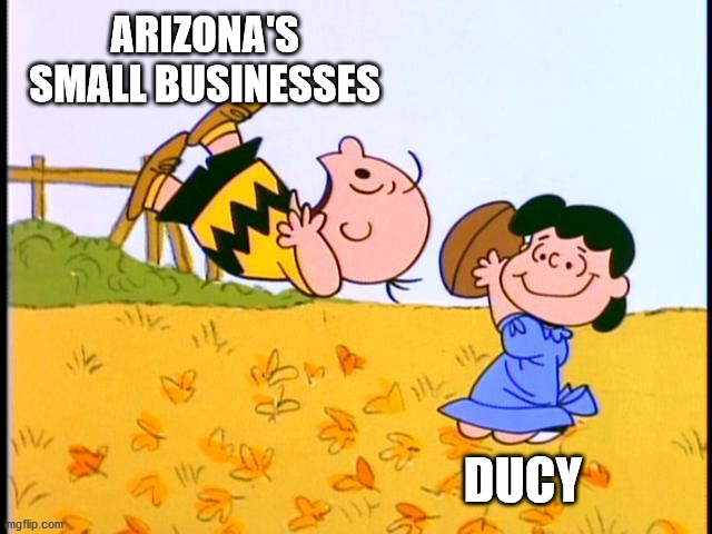 Fooled again | ARIZONA'S SMALL BUSINESSES; DUCY | image tagged in ducey,shutdown,lockdown,reopen,arizona | made w/ Imgflip meme maker