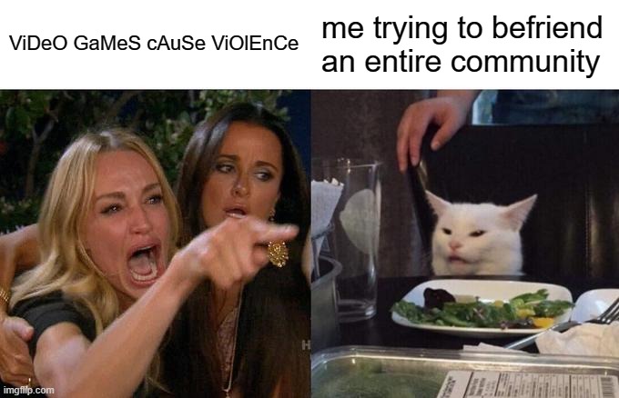 Woman Yelling At Cat | ViDeO GaMeS cAuSe ViOlEnCe; me trying to befriend an entire community | image tagged in memes,woman yelling at cat | made w/ Imgflip meme maker