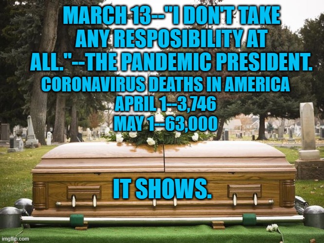 Call Him Irresponsible | MARCH 13--"I DON'T TAKE ANY RESPOSIBILITY AT ALL."--THE PANDEMIC PRESIDENT. CORONAVIRUS DEATHS IN AMERICA
APRIL 1--3,746
MAY 1--63,000; IT SHOWS. | image tagged in politics | made w/ Imgflip meme maker