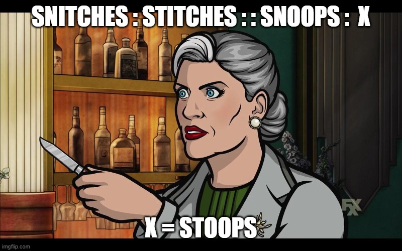 SNITCHES : STITCHES : : SNOOPS :  X; X = STOOPS | image tagged in analogy,logic,snitch,snoop | made w/ Imgflip meme maker
