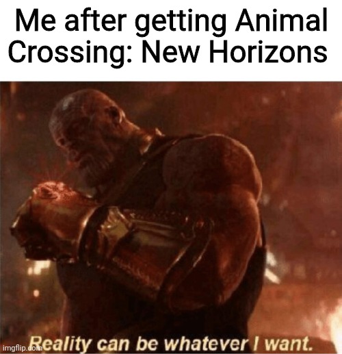 Yes folks, my quarantine boredom may now be cured thanks to this miracle game | Me after getting Animal Crossing: New Horizons | image tagged in reality can be whatever i want,animal crossing,new horizons,memes,well boys we did it blank is no more | made w/ Imgflip meme maker