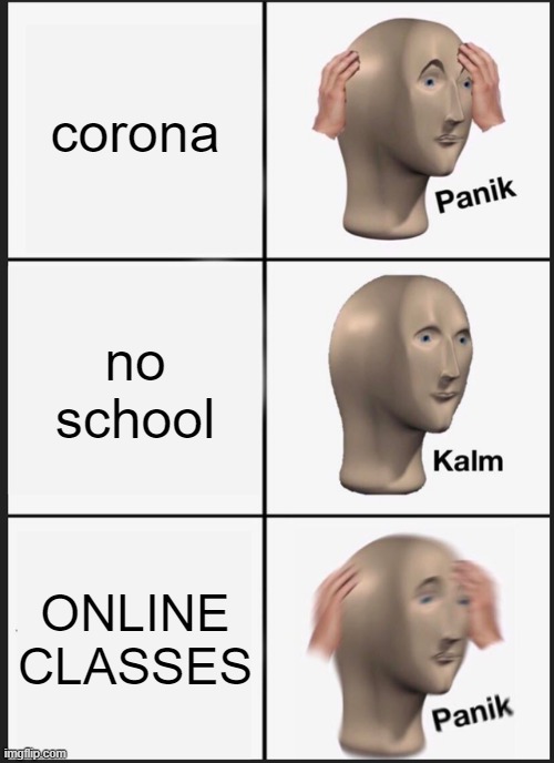 SCHOOL | corona; no school; ONLINE CLASSES | image tagged in memes,panik kalm panik | made w/ Imgflip meme maker