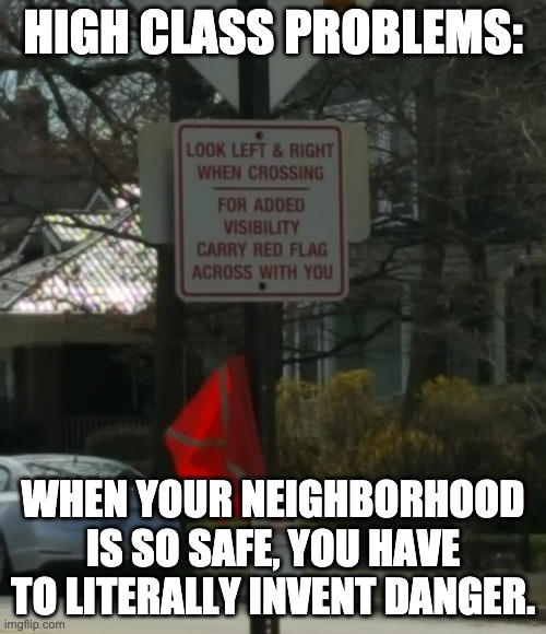HIGH CLASS PROBLEMS:; WHEN YOUR NEIGHBORHOOD IS SO SAFE, YOU HAVE TO LITERALLY INVENT DANGER. | image tagged in danger,suburbs | made w/ Imgflip meme maker