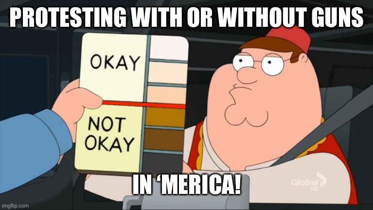peter griffin color chart | PROTESTING WITH OR WITHOUT GUNS; IN ‘MERICA! | image tagged in peter griffin color chart | made w/ Imgflip meme maker