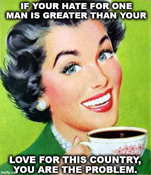 Mom | IF YOUR HATE FOR ONE MAN IS GREATER THAN YOUR; LOVE FOR THIS COUNTRY, YOU ARE THE PROBLEM. | image tagged in mom,trump,democrats | made w/ Imgflip meme maker