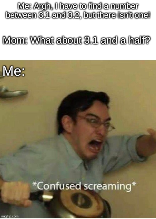 WHAT THE HECK...?! | Me: Argh, I have to find a number between 3.1 and 3.2, but there isn't one! Mom: What about 3.1 and a half? Me: | image tagged in confused screaming,math,memes,school | made w/ Imgflip meme maker