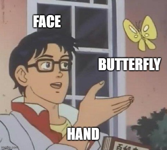 its not supposed to be funny, chill... | FACE; BUTTERFLY; HAND | image tagged in memes,is this a pigeon | made w/ Imgflip meme maker