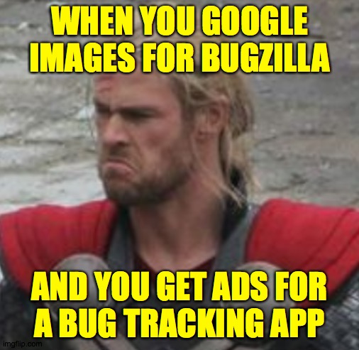 Not what I wanted at all. | WHEN YOU GOOGLE IMAGES FOR BUGZILLA; AND YOU GET ADS FOR
A BUG TRACKING APP | image tagged in memes,thor sad,bugzilla | made w/ Imgflip meme maker