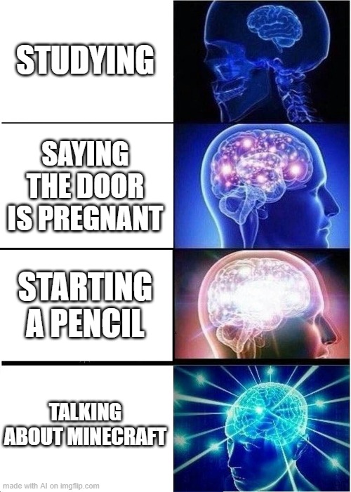Expanding Brain Meme |  STUDYING; SAYING THE DOOR IS PREGNANT; STARTING A PENCIL; TALKING ABOUT MINECRAFT | image tagged in memes,expanding brain | made w/ Imgflip meme maker